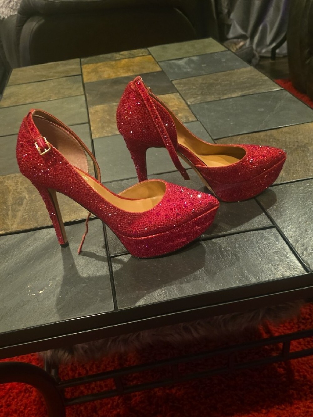 Jessica Simpson Red Glitter Pointed Ankle-Strap Heels - Picture 10 of 12